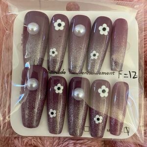 Purple Glitter Press-On Nails with Floral Design